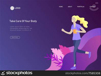 Landing page template with running People, woman doing running workout . Healty life concept. People performing sports outdoor activities. Cartoon illustration. Landing page template with running group People, man doing workout, couple running on sunset. Healty life concept. People performing sports outdoor activities. Cartoon