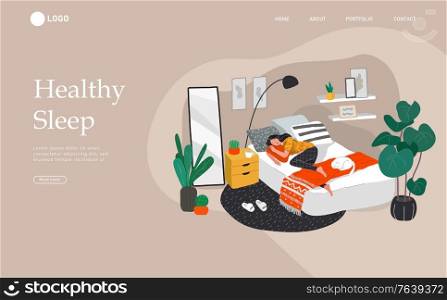 Landing page template with Sweet girl sleeping in bed with relaxing white cat . Daily life and everyday routine scene by young woman in scandinavian style cozy interior bedroom. Cartoon vector illustration.. Landing page template with Sweet girl sleeping in bed with relaxing white cat . Daily life and everyday routine scene by young woman in scandinavian style cozy interior bedroom. Cartoon vector