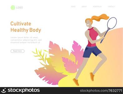 Landing page template with woman doing tennis workout. People performing sports outdoor activities at park or Nature. Cartoon illustration. Landing page template with People group running, riding bicycles, tennis workout, doing yoga. Family and children performing sports outdoor activities at park or Nature. Cartoon