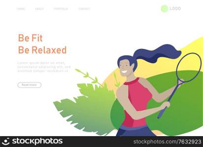 Landing page template with woman doing tennis workout. People performing sports outdoor activities at park or Nature. Cartoon illustration. Landing page template with People group running, riding bicycles, tennis workout, doing yoga. Family and children performing sports outdoor activities at park or Nature. Cartoon
