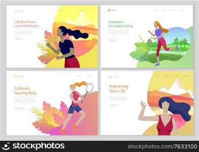 Landing page template with woman healty life style concept. Girl outdoor activities, running, play tennis, doing yoga. People performing sports at park or Nature. Vector Cartoon style illustration. Landing page template with woman healty life style concept. Girl outdoor activities, running, play tennis, doing yoga. People performing sports at park or Nature. Vector Cartoon style