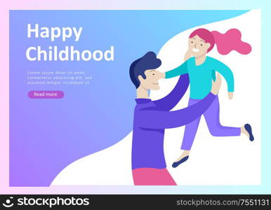 Landing page templates for happy Fathers day, child health care, happy childhood and children, goods and entertainment for Father with children. Parents with daughter and son have fun togethers. Landing page templates for happy Fathers day, child health care, happy childhood and children, goods and entertainment for Father with children