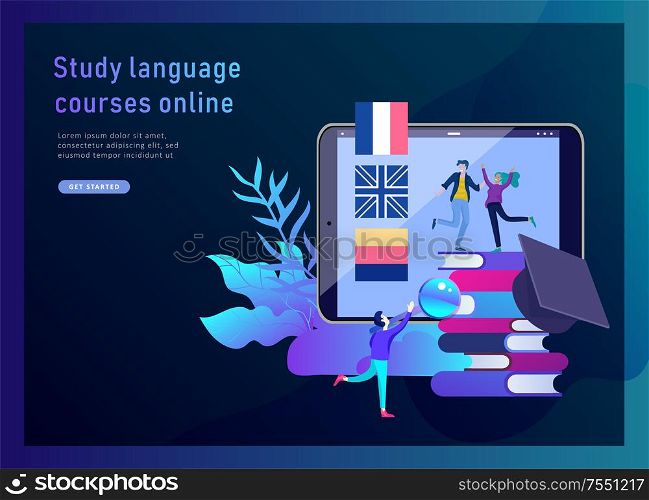 Landing page templates for Online language courses, distance education, training. Language Learning Interface and Teaching Concept. Education Concept, training young people. Internet students. Landing page templates for Online language courses, distance education, training. Language Learning Interface and Teaching Concept.
