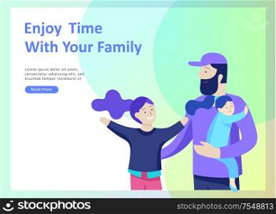Landing page templates happy family, travel and psychotherapy, family health care, goods entertainment for mother father and their children. Parents with daughter and son have fun togethers. Landing page templates happy family, travel and psychotherapy, family health care, goods entertainment for mother father and their children. Parents with daughter and son have fun