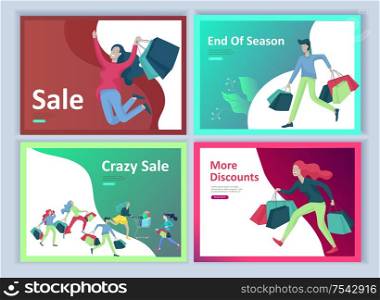 Landing page templates. People running for sale, crazy discounts, end of season, carrying shopping bags with purchases. Madness on seasonal sale at store shop. Cartoon character for black friday. Landing page templates. People running for sale, crazy discounts, end of season, carrying shopping bags with purchases. Madness on seasonal sale at store shop. Cartoon