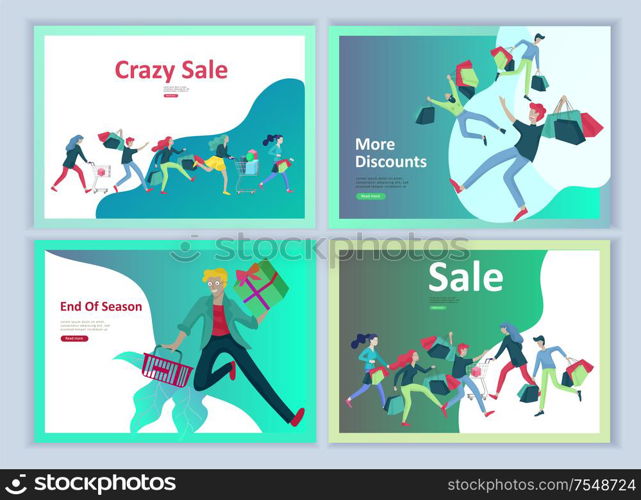 Landing page templates. People running for sale, crazy discounts, end of season, carrying shopping bags with purchases. Madness on seasonal sale at store shop. Cartoon character for black friday. Landing page templates. People running for sale, crazy discounts, end of season, carrying shopping bags with purchases. Madness on seasonal sale at store shop. Cartoon