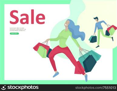 Landing page templates. People running for sale, crazy discounts, end of season, carrying shopping bags with purchases. Madness on seasonal sale at store shop. Cartoon character for black friday. Landing page templates. People running for sale, crazy discounts, end of season, carrying shopping bags with purchases. Madness on seasonal sale at store shop. Cartoon