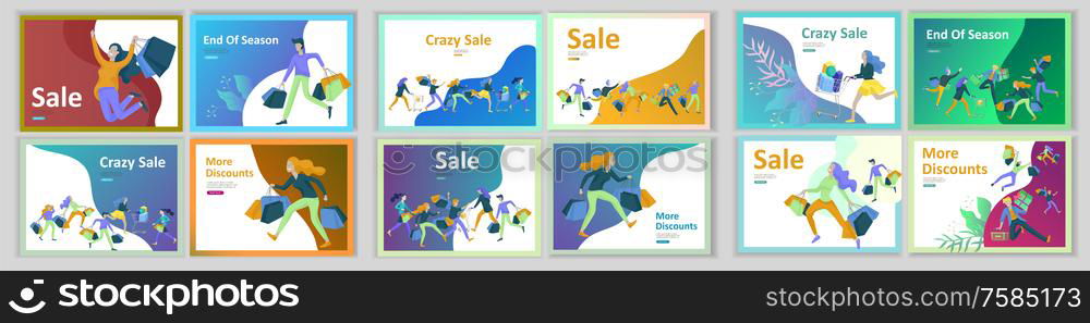 Landing page templates. People running for sale, crazy discounts, end of season, carrying shopping bags with purchases. Madness on seasonal sale at store shop. Cartoon character for black friday. Landing page templates. People running for sale, crazy discounts, end of season, carrying shopping bags with purchases. Madness on seasonal sale at store shop. Cartoon character