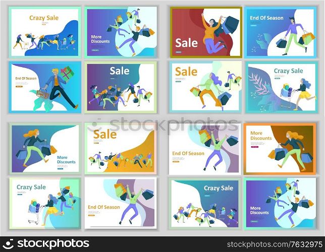 Landing page templates. People running for sale, crazy discounts, end of season, carrying shopping bags with purchases. Madness on seasonal sale at store shop. Cartoon character for black friday. Landing page templates. People running for sale, crazy discounts, end of season, carrying shopping bags with purchases. Madness on seasonal sale at store shop. Cartoon character