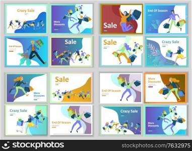 Landing page templates. People running for sale, crazy discounts, end of season, carrying shopping bags with purchases. Madness on seasonal sale at store shop. Cartoon character for black friday. Landing page templates. People running for sale, crazy discounts, end of season, carrying shopping bags with purchases. Madness on seasonal sale at store shop. Cartoon character