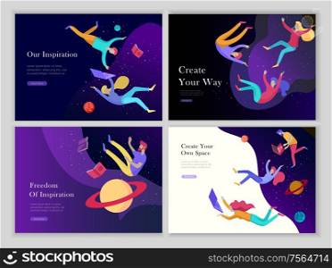 landing page templates set. Inspired People flying. Create your own spase. Characters moving and floating in dreams, imagination and freedom inspiration design work. Flat design style. landing page templates set. Inspired People flying. Create your own spase. Characters moving and floating in dreams, imagination and freedom inspiration design work