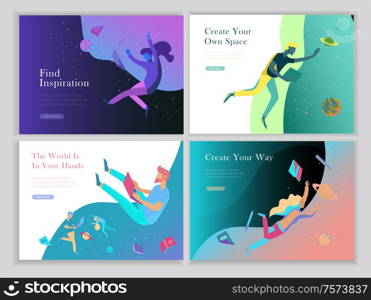 landing page templates set. Inspired People flying. Create your own spase. Characters moving and floating in dreams, imagination and freedom inspiration design work. Flat design style. landing page templates set. Inspired People flying. Create your own spase. Characters moving and floating in dreams, imagination and freedom inspiration design work