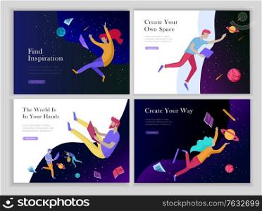 landing page templates set. Inspired People flying. Create your own spase. Characters moving and floating in dreams, imagination and freedom inspiration design work. Flat design style. landing page templates set. Inspired People flying. Create your own spase. Characters moving and floating in dreams, imagination and freedom inspiration design work