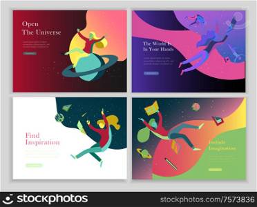 landing page templates set. Inspired People flying in space and reading online books. Characters moving and floating in dreams, imagination and freedom inspiration. Flat design, vector illustration.. landing page templates set. Inspired People flying in space and reading books. Characters moving and floating in dreams, imagination and freedom inspiration. Flat design style