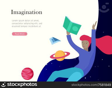 landing page templates set. Inspired People flying in space and reading online books. Characters moving and floating in dreams, imagination and freedom inspiration. Flat design, vector illustration.. landing page templates set. Inspired People flying in space and reading books. Characters moving and floating in dreams, imagination and freedom inspiration. Flat design style