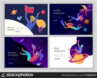 landing page templates set. Inspired People flying in space and reading online books. Characters moving and floating in dreams, imagination and freedom inspiration. Flat design, vector illustration.. landing page templates set. Inspired People flying in space and reading books. Characters moving and floating in dreams, imagination and freedom inspiration. Flat design style
