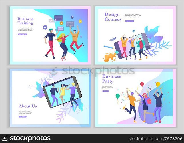 landing page templates set with team People moving. Business invitation and corporate party, design training courses, about us, expert team, happy teamwork. Flat characters design illustration. landing page templates set with team People moving. Business invitation and corporate party, design training courses, about us, expert team, happy teamwork. Flat characters design