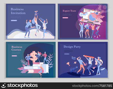 landing page templates set with team People moving. Business invitation and corporate party, design training courses, about us, expert team, happy teamwork. Flat characters design illustration. landing page templates set with team People moving. Business invitation and corporate party, design training courses, about us, expert team, happy teamwork. Flat characters design