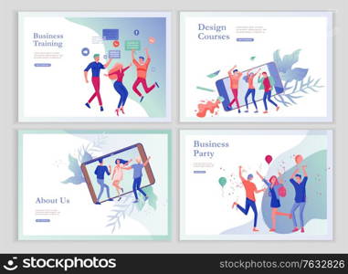 landing page templates set with team People moving. Business invitation and corporate party, design training courses, about us, expert team, happy teamwork. Flat characters design illustration. landing page templates set with team People moving. Business invitation and corporate party, design training courses, about us, expert team, happy teamwork. Flat characters design