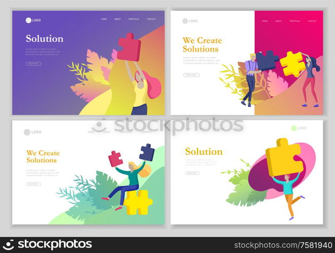 Landing page templates. Vector character business people with infographic of puzzle have solution. Goal thinking. Cooperation by group to create a team. Concept for web design Colorful flat concept illustration.. Vector character business people with infographic of puzzle have solution. Goal thinking. Cooperation by group to create a team. Concept for web design Colorful flat concept