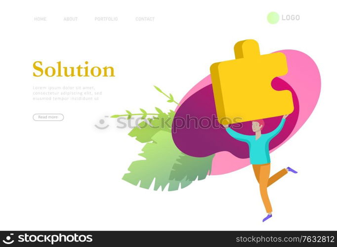 Landing page templates. Vector character business people with infographic of puzzle have solution. Goal thinking. Cooperation by group to create a team. Concept for web design Colorful flat concept illustration.. Vector character business people with infographic of puzzle have solution. Goal thinking. Cooperation by group to create a team. Concept for web design Colorful flat concept