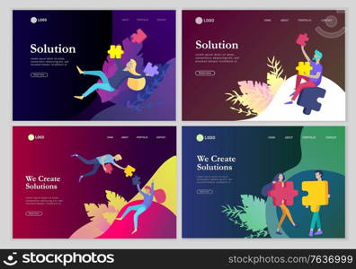 Landing page templates. Vector character business people with infographic of puzzle have solution. Goal thinking. Cooperation by group to create a team. Concept for web design Colorful flat concept illustration.. Vector character business people with infographic of puzzle have solution. Goal thinking. Cooperation by group to create a team. Concept for web design Colorful flat concept