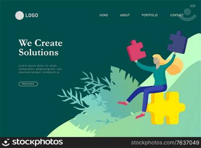 Landing page templates. Vector character business people with infographic of puzzle have solution. Goal thinking. Cooperation by group to create a team. Concept for web design Colorful flat concept illustration.. Vector character business people with infographic of puzzle have solution. Goal thinking. Cooperation by group to create a team. Concept for web design Colorful flat concept