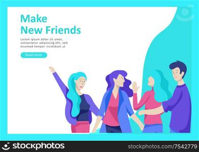 Landing page templates. Vector people happy friends character teenagers with gadgets are walking and chatting, meet new people, chat with old friends and make new. Colorful flat illustration. Landing page templates. Vector people happy friends character teenagers with gadgets are walking and chatting