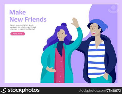 Landing page templates. Vector people happy friends character teenagers with gadgets are walking and chatting, meet new people, chat with old friends and make new. Colorful flat illustration. Landing page templates. Vector people happy friends character teenagers with gadgets are walking and chatting