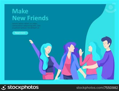 Landing page templates. Vector people happy friends character teenagers with gadgets are walking and chatting, meet new people, chat with old friends and make new. Colorful flat illustration. Landing page templates. Vector people happy friends character teenagers with gadgets are walking and chatting