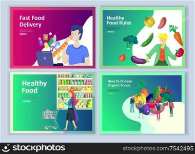 Landing page templates with people who prepare healthy organic food, simple recipes, how to choose products in the supermarket, food delivery and fast food. Culinary blog or diet concept. Set of Landing page templates with people which Cooking healthy food, simple recipes, how to choose products in the supermarket, food delivery and fast food