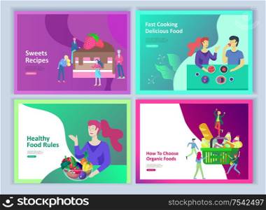 Landing page templates with people who prepare healthy organic food, simple recipes, how to choose products in the supermarket, food delivery and fast food. Culinary blog or diet concept. Set of Landing page templates with people which Cooking healthy food, simple recipes, how to choose products in the supermarket, food delivery and fast food