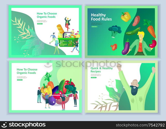 Landing page templates with people who prepare healthy organic food, simple recipes, how to choose products in the supermarket, food delivery and fast food. Culinary blog or diet concept. Landing page templates with people which Cooking healthy food, simple recipes, how to choose products in the supermarket, food delivery and fast food