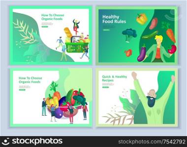 Landing page templates with people who prepare healthy organic food, simple recipes, how to choose products in the supermarket, food delivery and fast food. Culinary blog or diet concept. Landing page templates with people which Cooking healthy food, simple recipes, how to choose products in the supermarket, food delivery and fast food