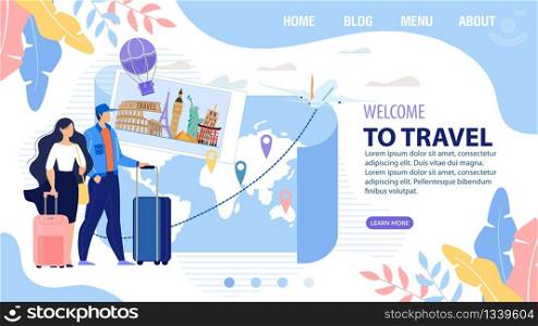 Landing Page Trendy Design Inviting to Travel Vacation. Man Woman Carrying Luggage Bag Stand front of Paper Map with Destination Marks. Online for Booking Tour and Aircraft Ticket. Vector Illustration