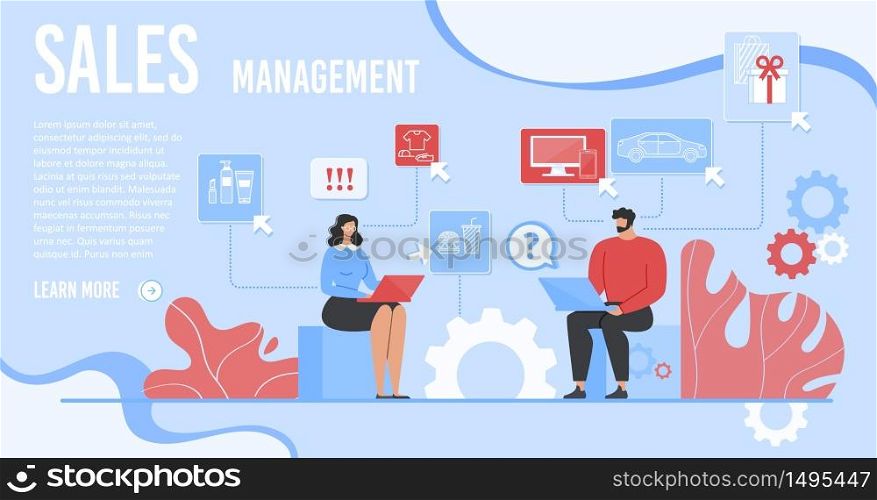 Landing Page with Cartoon Man and Woman Team Working on Laptop Developing Sales Management. Effective Business Solution for Company Financial Growth and Revenue. Vector Flat Illustration. Landing Page with Team Working on Sales Management