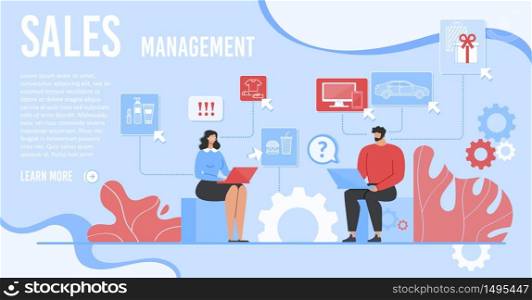 Landing Page with Cartoon Man and Woman Team Working on Laptop Developing Sales Management. Effective Business Solution for Company Financial Growth and Revenue. Vector Flat Illustration. Landing Page with Team Working on Sales Management