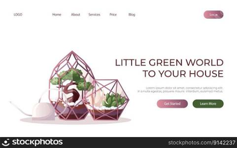 Landing page with collection of houseplants with water can. Indoor house plant. Home garden, greenhouse, florarium, gardening, potted plant lover. Domestic store poster, banner, cover, card. Vector
