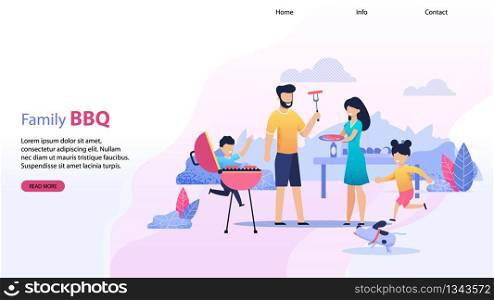 Landing Page with Family BBQ Text. Mother and Father with Two Preschool Kids Have Summer Picnic in Park or at Home. Children Play with Dog. Married Couple Cooking. Lifestyle Vector Flat Illustration. Landing Page Flat Template with Family BBQ Text