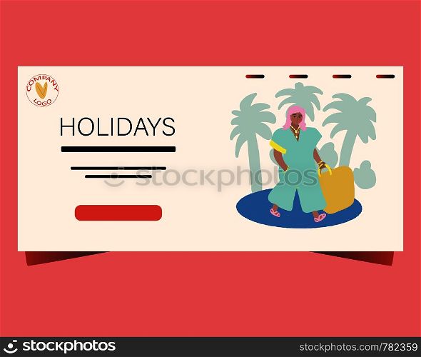 Landing page with fashion girl on holidays. Holidays note. . Landing page with fashion girl on holidays. Holidays note.