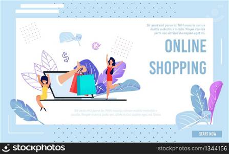 Landing Page with Girls Doing Online Shopping. Happy Cartoon Young Women Character Rejoicing Fast Order and Delivery. Human Hand on Laptop Screen with Goods. App Presentation. Vector Flat Illustration. Landing Page with Girls Doing Online Shopping