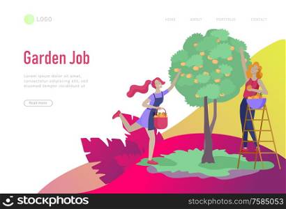 landing page with Harvesting and gardening people woman doing farming and garden job, planting, lay ripe apple from tree to box. Reaping crop concept. Harvesting and gardening people doing farming and garden job, pick berries, remove weeds, watering, planting, growing and transplant sprouts, lay ripe vegetables to box. Reaping crop
