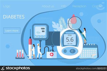 Landing page with magnifier and blood glucose testing meter, doctors, tiny people