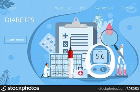 Landing page with magnifier and blood glucose testing meter, doctors, tiny people
