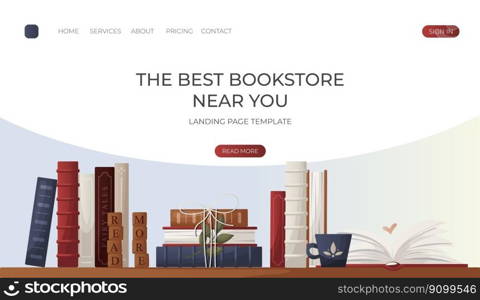 Landing page with reading bookshelve with stack of books with cup of tea, open book, wooden letter tiles. Bookstore, bookshop, library, book lover, bibliophile, education. Vector for banner, website