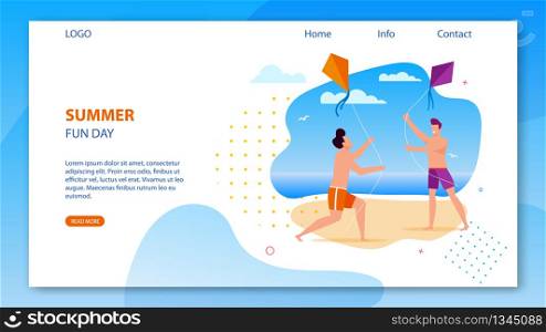 Landing Page with Summer Fun Day on Beach Promotion. Two Cartoon Happy Guys Run and Play with Kite. Happy Summertime and Vacation on Tropical Island. Vector Flat Holiday Illustration with Seascape. Summer Fun Day on Beach Promotion Landing Page