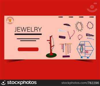 Landing page with trendy jewelry and storage. Jewelry model background. Flat Design. . Landing page with trendy jewelry and storage.