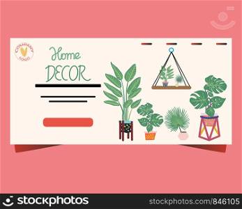 Landing page with tropical leaves houseplants and note home decor. Tropical leaves on background. Postcard, banner, app design. . Landing page with tropical leaves houseplants and note home decor.