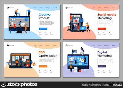 Landing pages design. Business creative website construction advertizing agency mobile pc development designing layout vector template. Social media marketing and seo optimization illustration. Landing pages design. Business creative website construction advertizing agency mobile pc development designing layout vector template