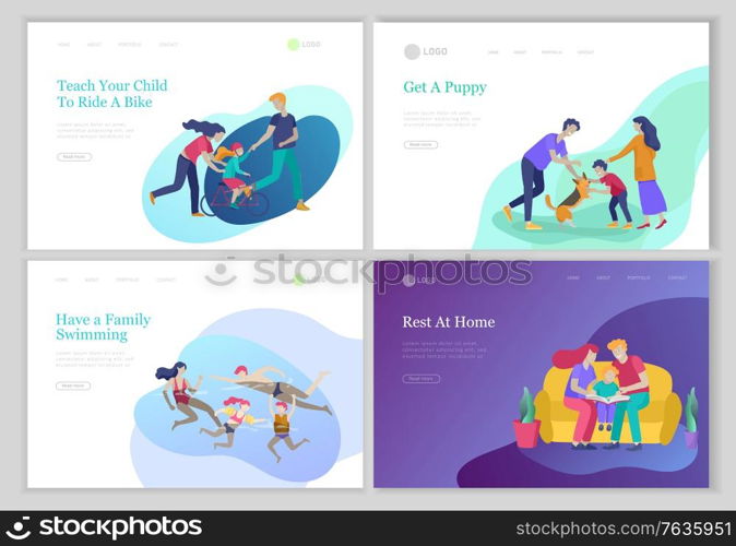 landing pages set with Collection of family hobby activities . Mother, father and children teach daughter to ride bike, play with dog corgi, read book and teach child, gardening. Collection of family hobby activities . Mother, father and children teach daughter to ride bike, play with dog corgi, read book and teach child, gardening and plant sprouts together. Cartoon